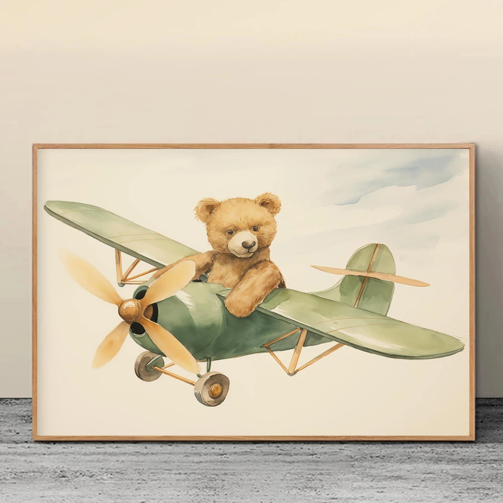 تيدي بير الطائرة الطائرة الزرقاء شاحنة المراكب الشراعية قماش اللوحة الحضانة المشارك طباعة جدار صورة فنية لغرفة المعيشة ديكور المنزل