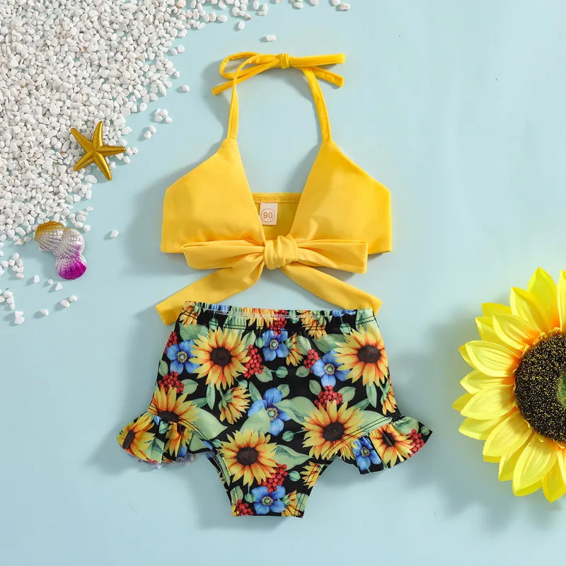 RUEWEY 1 to 5 Years Girls Swimwear Kids Bikini Sets Summer Halter Bow Floral Ruffle Two Piece Swimsuit Bathing Suits Beachwear