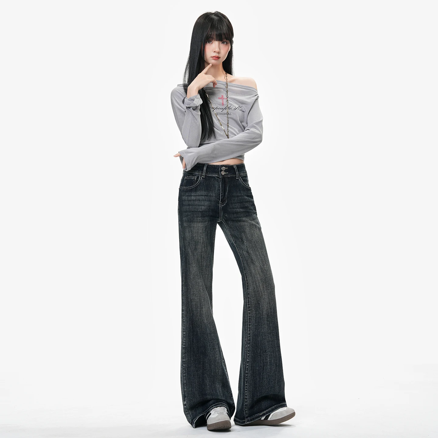 Y2k Pantaloni Jeans Donna Vita alta Svasato Bootcut Azzurro Grigio Stretch Pancia Controllo Pantaloni a gamba larga Autunno Inverno Nuovo