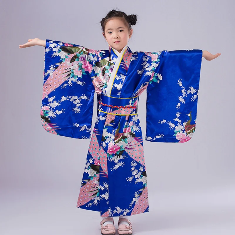 Children's Traditional Japanese Kimono Cherry Printing Cosplay Stage Performance Outfit Bathrobe and Robe for Girls Kawaii Set