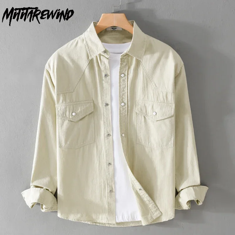 

Весенне-осенние вельветовые рубашки для мужчин из чистого хлопка, повседневные повседневные винтажные рубашки, рубашка с длинными рукавами и двойными карманами, простой топ для молодежи