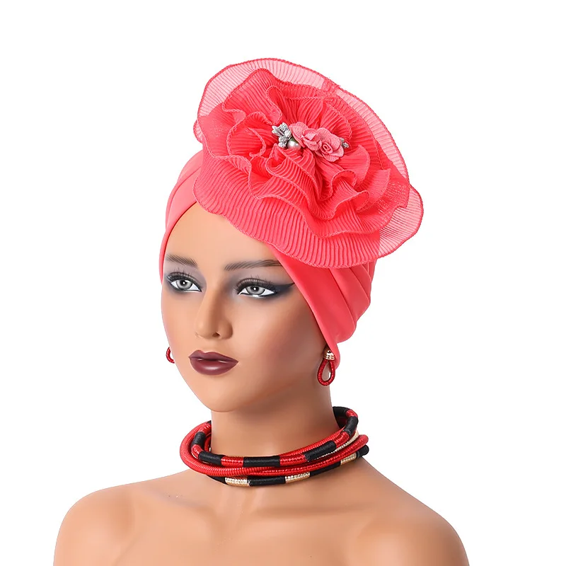 Lastest Feather Flower Turban Bonnet for Women Muslim Hijab Headscarf Caps Wedding Party Headwear Turbante Mujer African Headtie