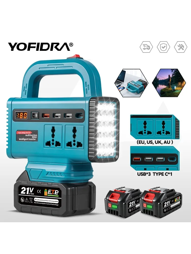 YOFIDRA 350W Tragbarer Wechselrichter, Notstromversorgung für den Außenbereich mit USB Typ-C, AC-Steckdose und LED-Licht für Makita-Akku