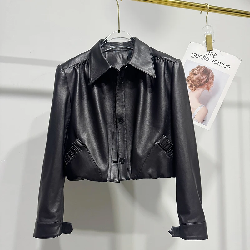 Cappotto di pelle di pecora naturale Primavera Autunno Donna Risvolto Manica a sbuffo Giacca in pelle conciata al vegetale Moda Capispalla corto versatile