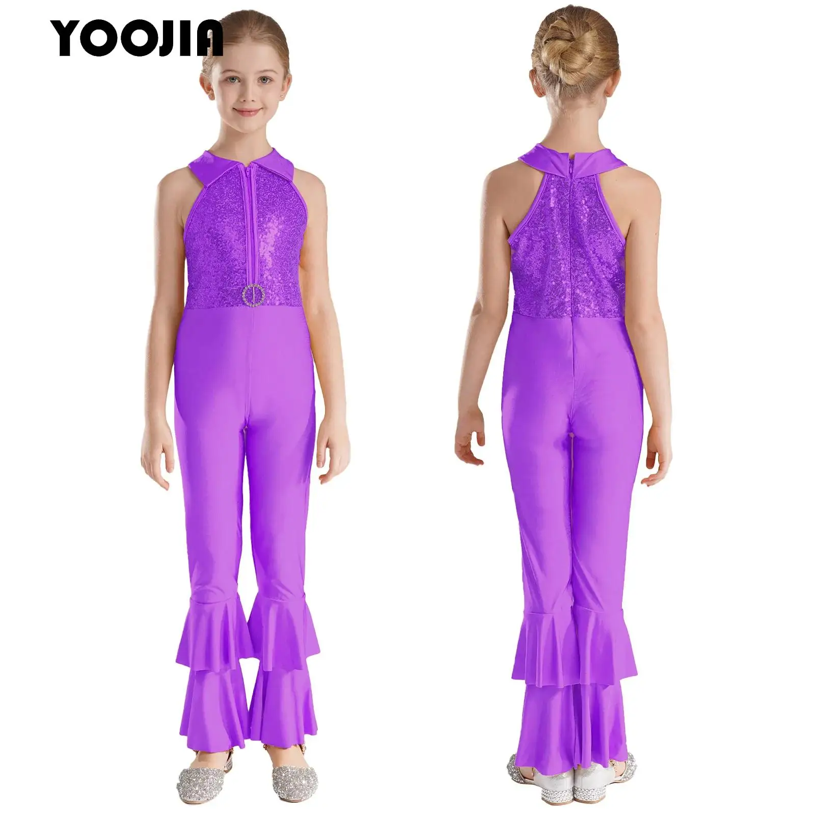 

Kid Girls Shiny Halloween Hippie Costume Sequins 70s 80s Prom Flare Jumpsuit Bell-bottom Long Pants Party Performance Dancewear