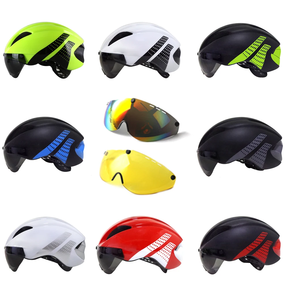 Aero Helmet TT Time Trial Bicycle Helmets For Women Men Goggles Race Road Bike Helmet With Lens Outdoor Cycling Safety Caps