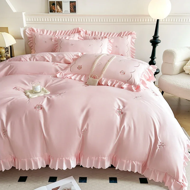 2025 New Luxury Ice Silk Bed Linen Set, with Ruffles in Korean - Style and French - Style Embroidery, Sizes 1.2m - 2.0m