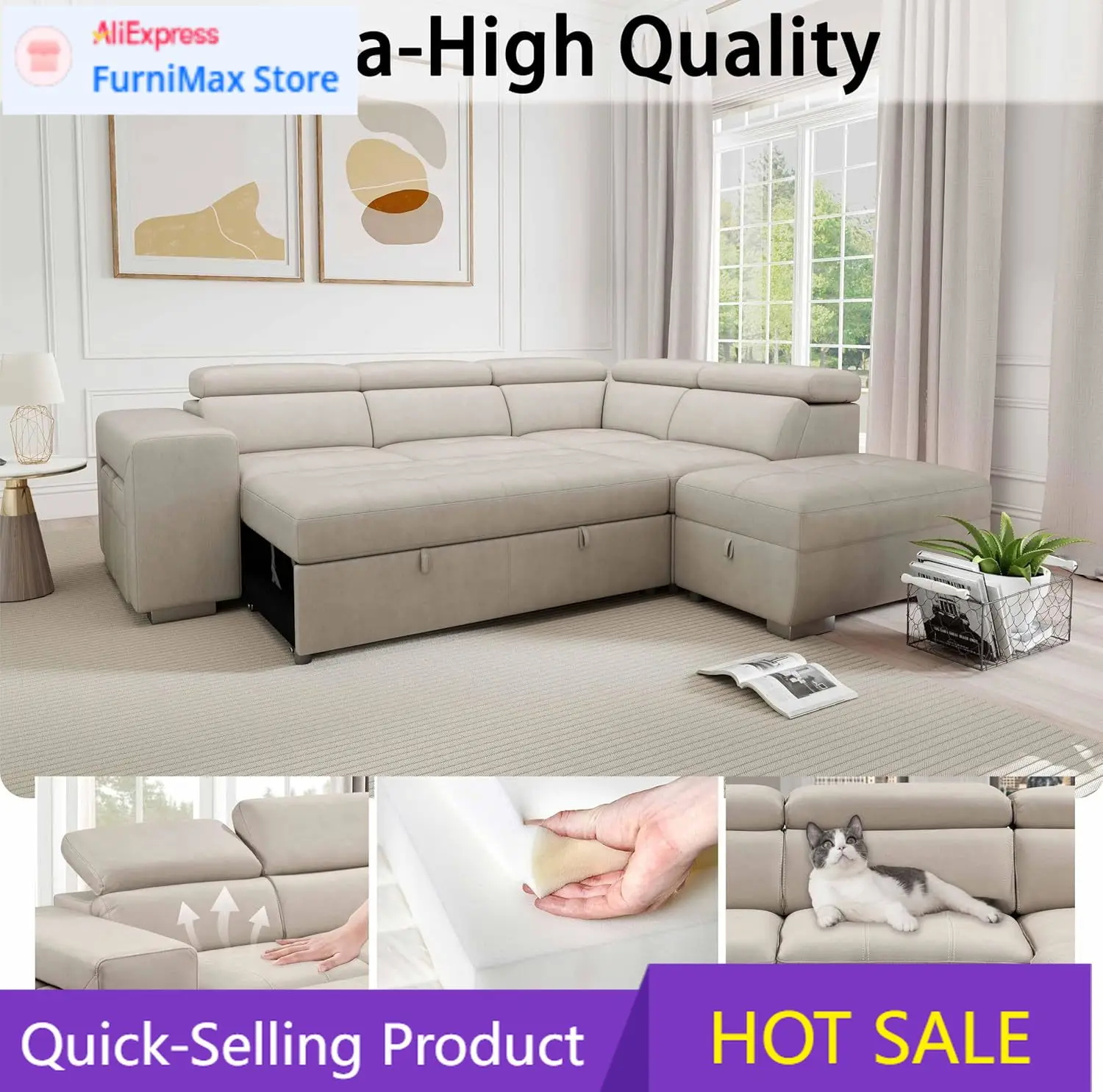 

104'' Microfiber L Shaped Sectional Sleeper Sofa Couch with Pull Out Bed and Storage Ottoman, Convertible Couches