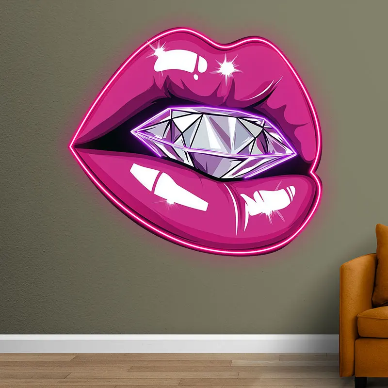 Rose Red Lips Holding Diamond Wall Decor LED Neon Sign