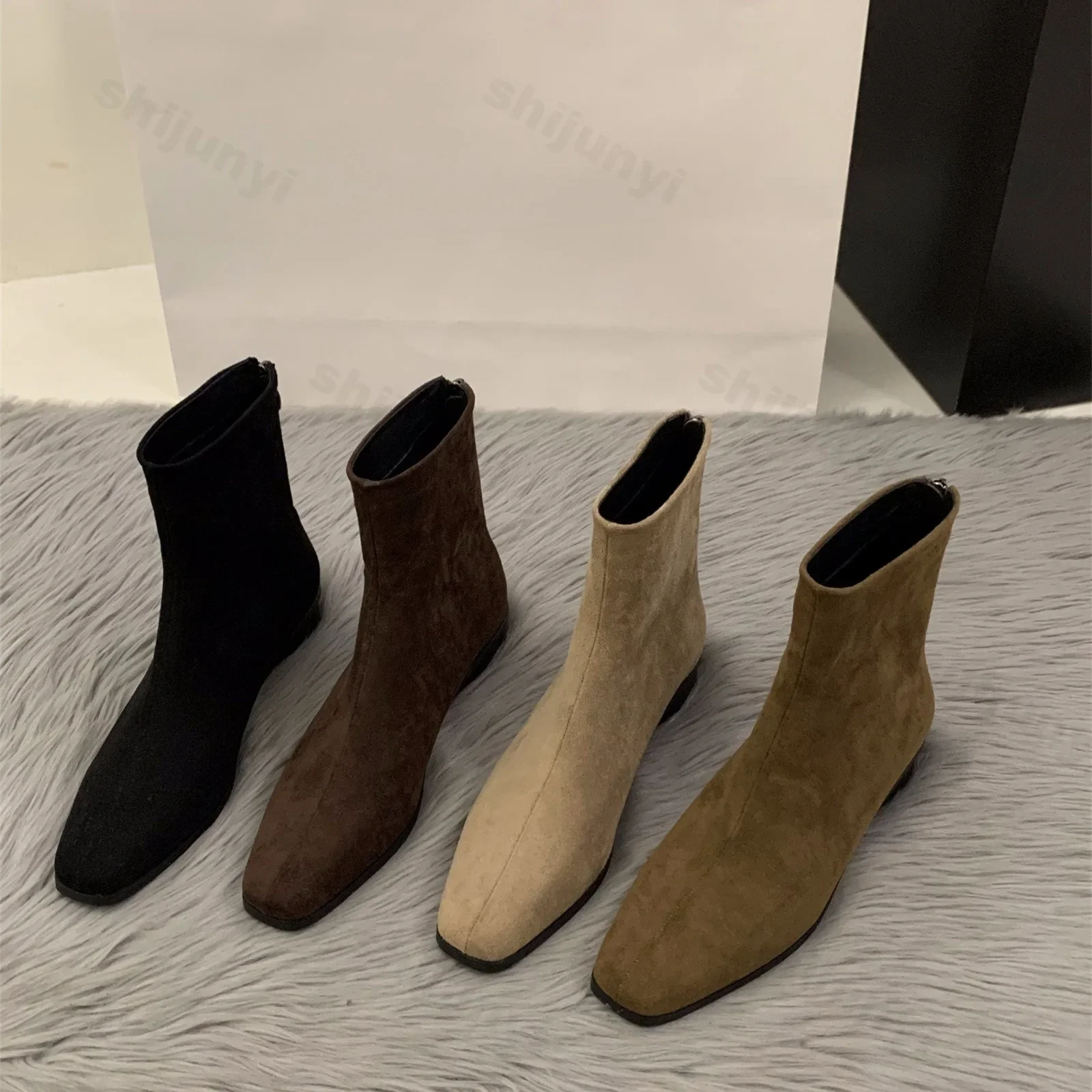 New Fashion Women Ankle Boots Winter Suede Leather High Heels Spring Autumn Luxury Suede Pointed Shoes Block Mid Heels Booties