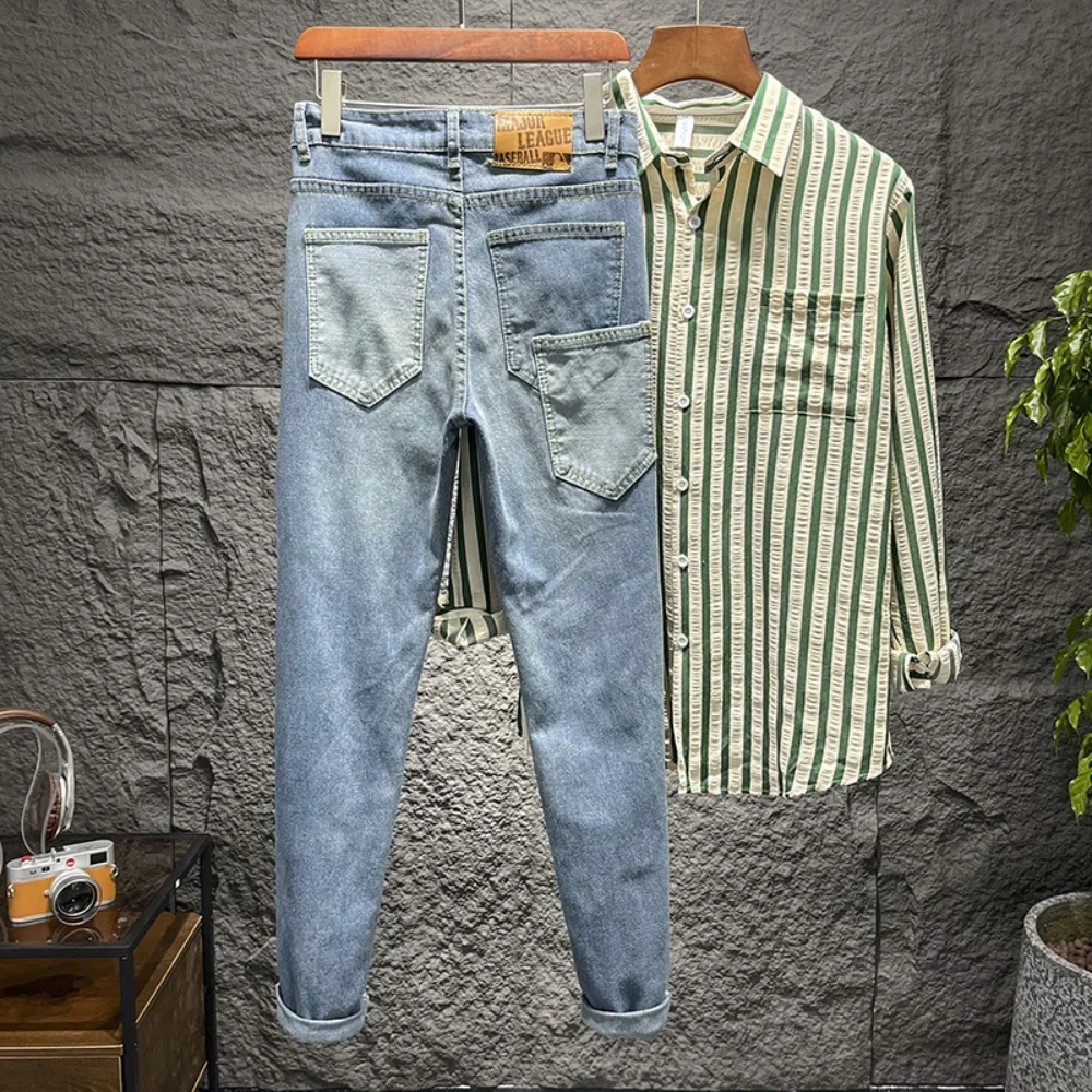 Summer Street Men Jeans Splicing Trousers Youth Popular Mid Waist Casual Elastic pants y2k demin cargo pants men trousers