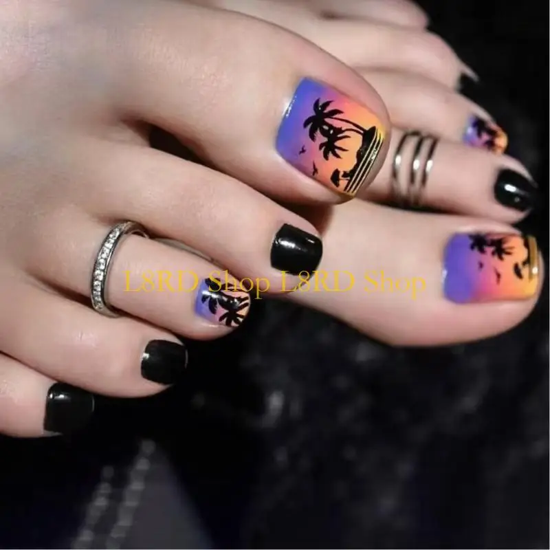 L8RD Press on Toenails,Spring Summer Glues on Toe 24pcs Reusable UVS Finish Fake Acrylic False for Womens