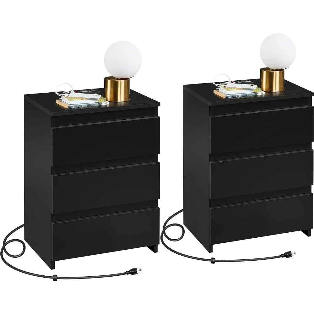 

Bedside Table Set of 2, Nightstand with Charging Station, 3-Drawer Bedside Cupboard Storage Cabinet with 2 USB Ports &