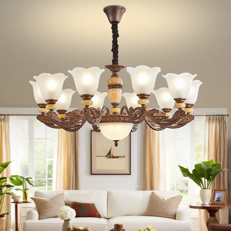 New Design American Jade Stone Living Room Chandelier High Quality Vintage Bedroom Dining Room Glass Lamp Coffee Colour Light