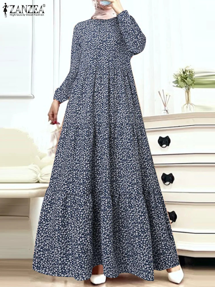 Spring Maxi Dresses Bohemain Muslim Long Dress ZANZEA Ramadan Fashion Abayas For Women Long Sleeve Floral Printed Vestidos Robe