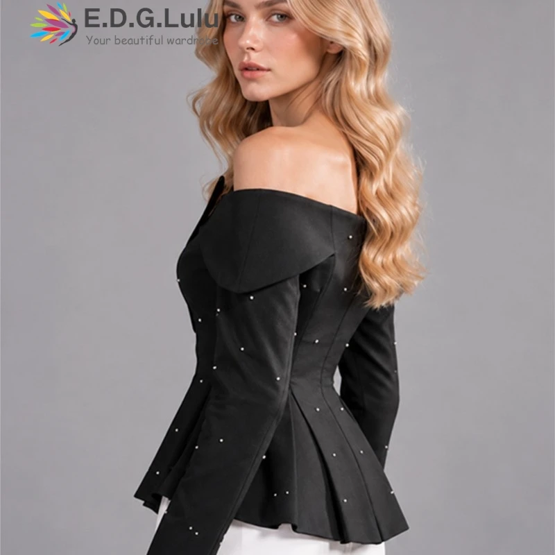 EDGLuLu Korean Fashion Off Shoulder Long Sleeved Black Jacket Woman Autumn 2026 New Black Sequin Slim Short Coat 0922