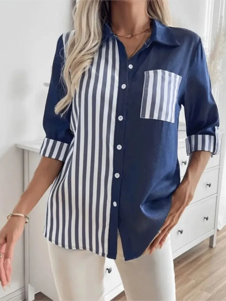 

Fashion Striped Shirt Top Lady Casual Three Quarter Turn-down Collar Button Shirts Tops For Women Office Womens Clothing Spring
