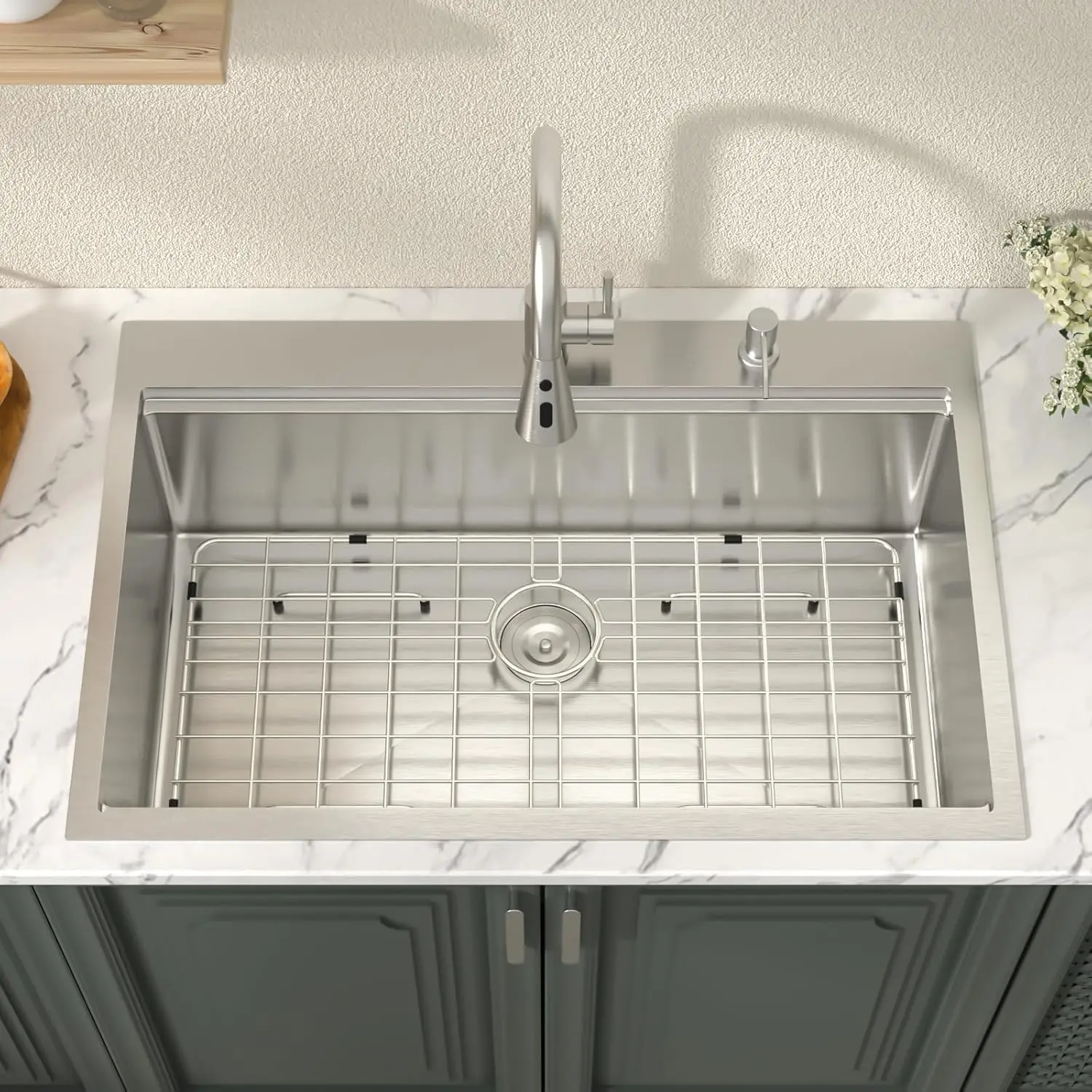 33 Inch Drop In Kitchen Sink Workstation All In One SUS304 16 Gauge Stainless Steel 33x22 Drop In Sinks Single Bowl Handmade Abo