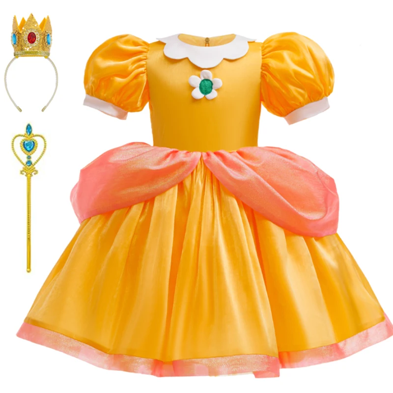 Girls Princess Daisy Cosplay Dress Kids Yellow Puff Sleeve Costume With Crown Scepter Set Halloween Carnival Birthday Party Gown