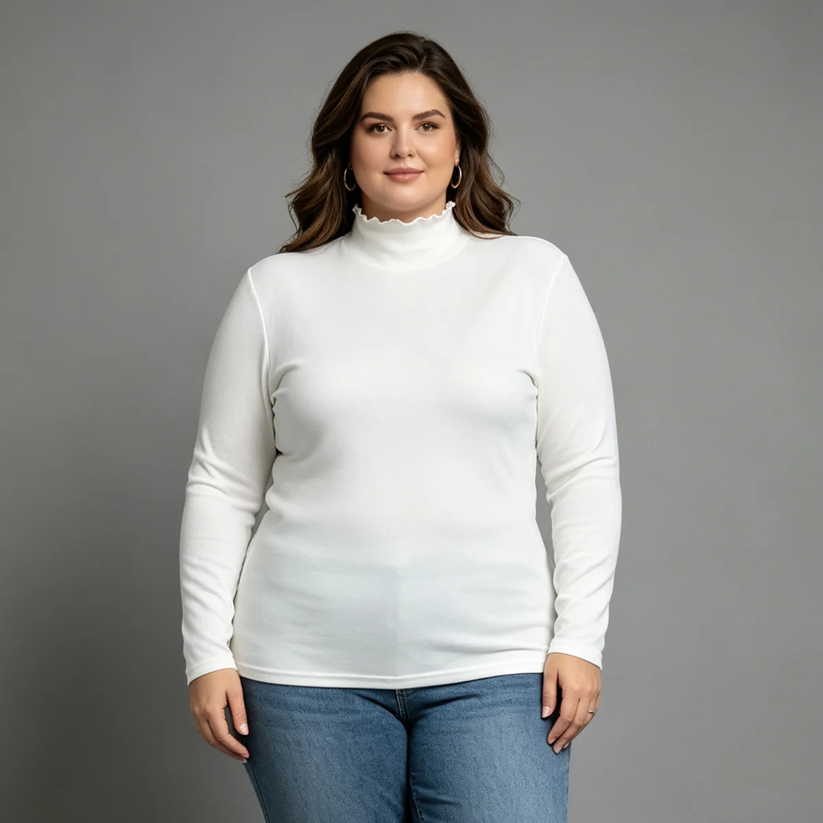Damen Plus Size Warmes Herbst/Winter Einfarbiges Modisches Rollkragen-Langarmshirt für den Alltag, Sport und Komfort, Schlanke Passform – Detail 5