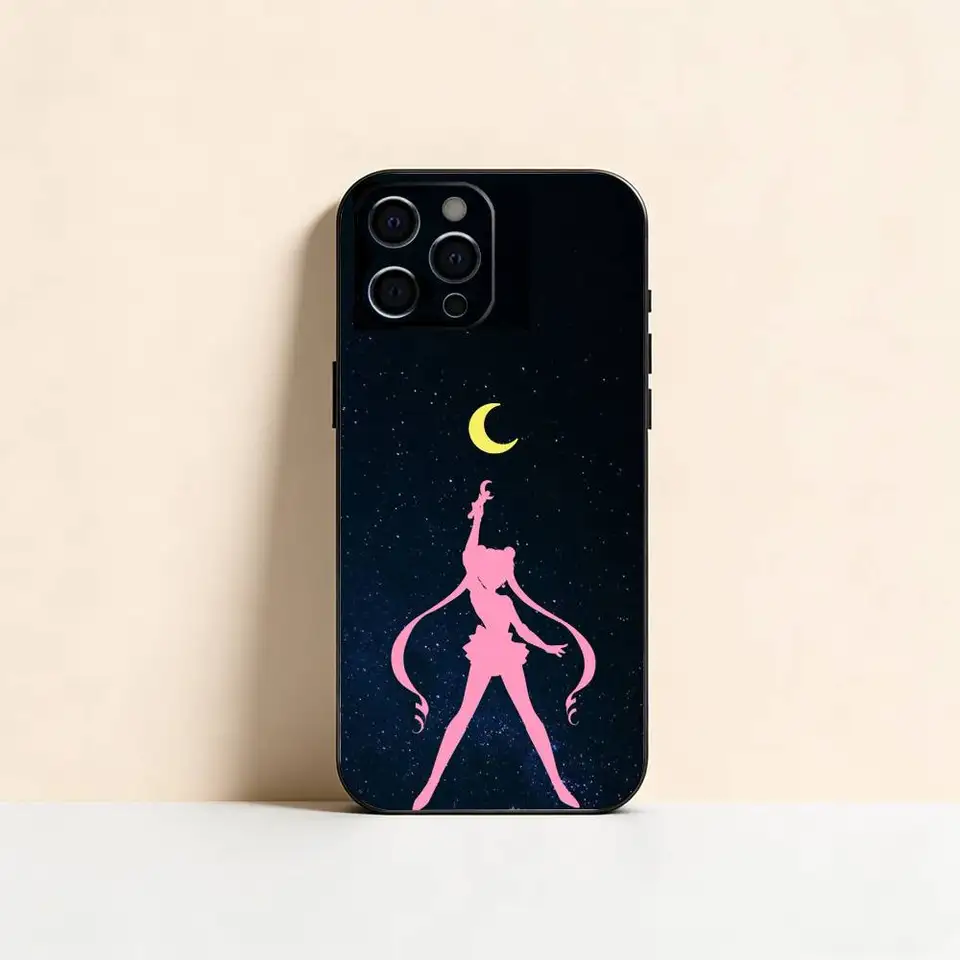 Funda de silicona suave negra para iPhone 17,16,15,14,13,12,11 Plus,Pro Max,XS, diseño S-Sailor M-Moons 4