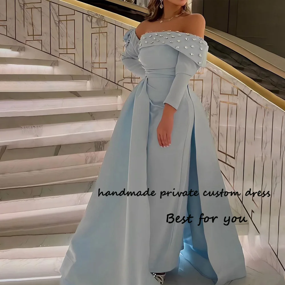 

Sky Blue Mermaid Evening Dresses with Train Crystal Satin 3/4 Sleeve Formal Prom Dress Long Arabic Dubai Evening Party Gowns