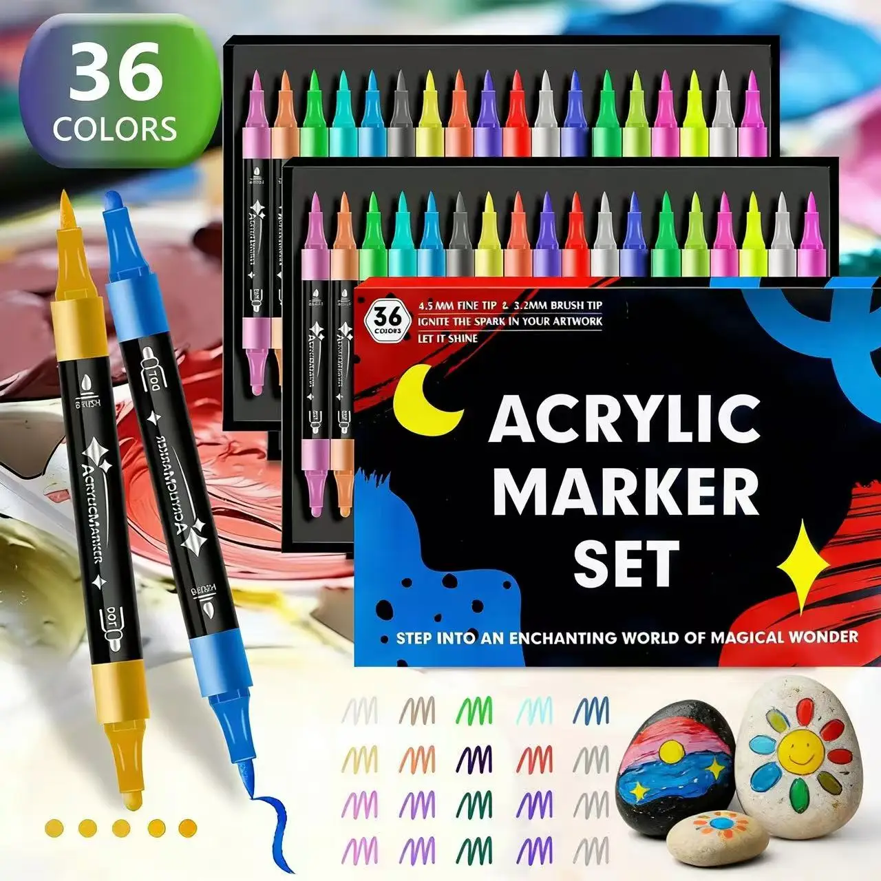 

Набор акриловых маркеров с двойным наконечником (12/24/36 цветов) для рисования на дереве, холсте, камне, стекле, керамических поверхностях, для поделок и творчества