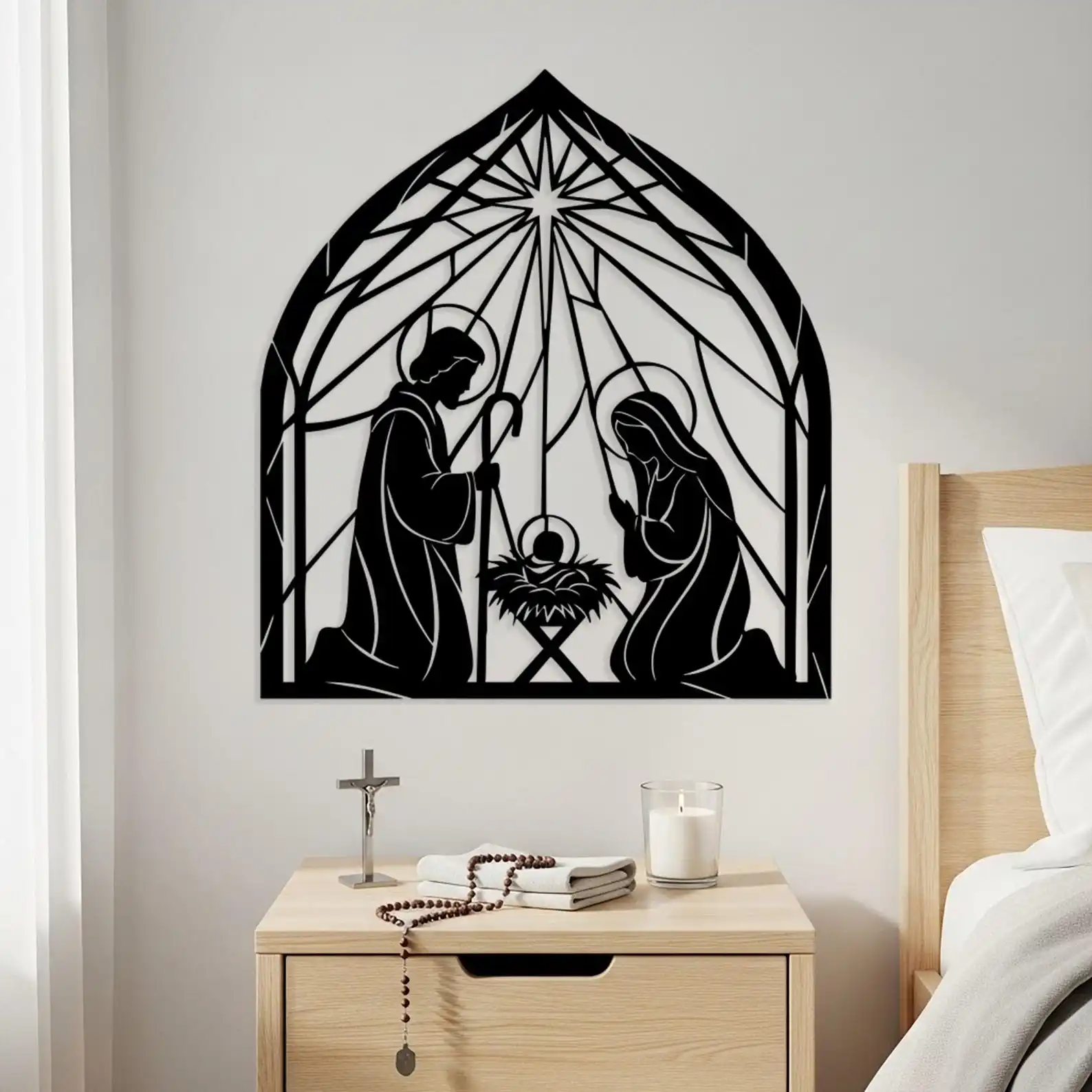 Flat Large Nativity Metal Wall Art, Laser‑Cut Iron Silhouette, Powder‑Coated Rust‑Resistant Oversized Religious Wall Decor