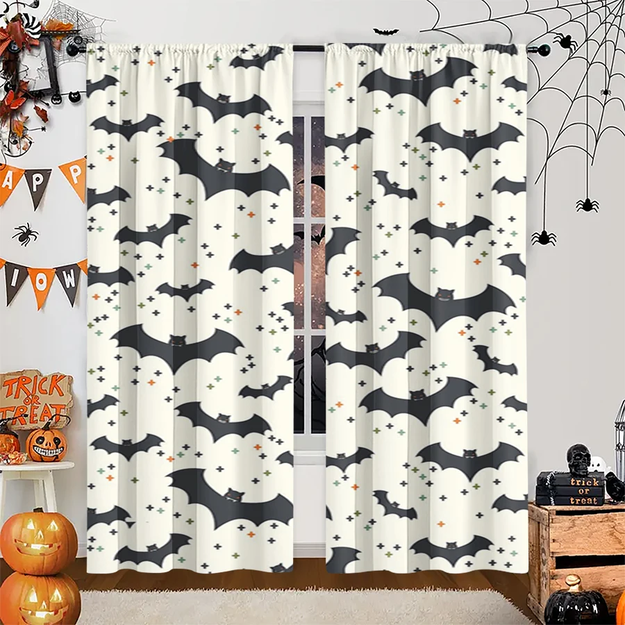 2PCS Digital Print Curtain, Black Bat Colorful Dot White Repeat Pattern, Halloween Simple Cute for Bedroom Living Room