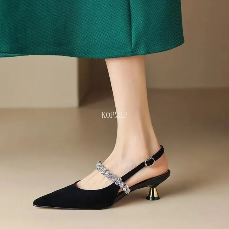 2024 Summer New Gold Silver Low Heels Sandals Women Shiny Crystal Straps Pointed Toe Sandals Woman Slingbacks Pumps Ladies Shoes