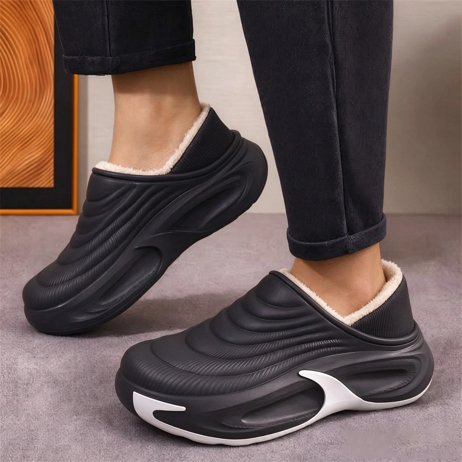 Men's Winter Plus Size 47 Warm Plush Waterproof EVA Slippers Men Thick Bottom Indoor Home Slippers Couple Non Slip Cotton Shoes