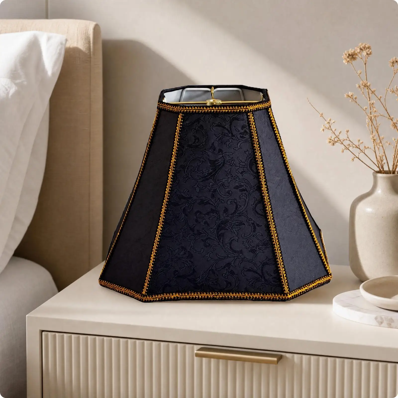 Fabric Table Lampshade with Gold Trim Floral Pattern Black Square Tapered for Pendant Desk Warm Lighting