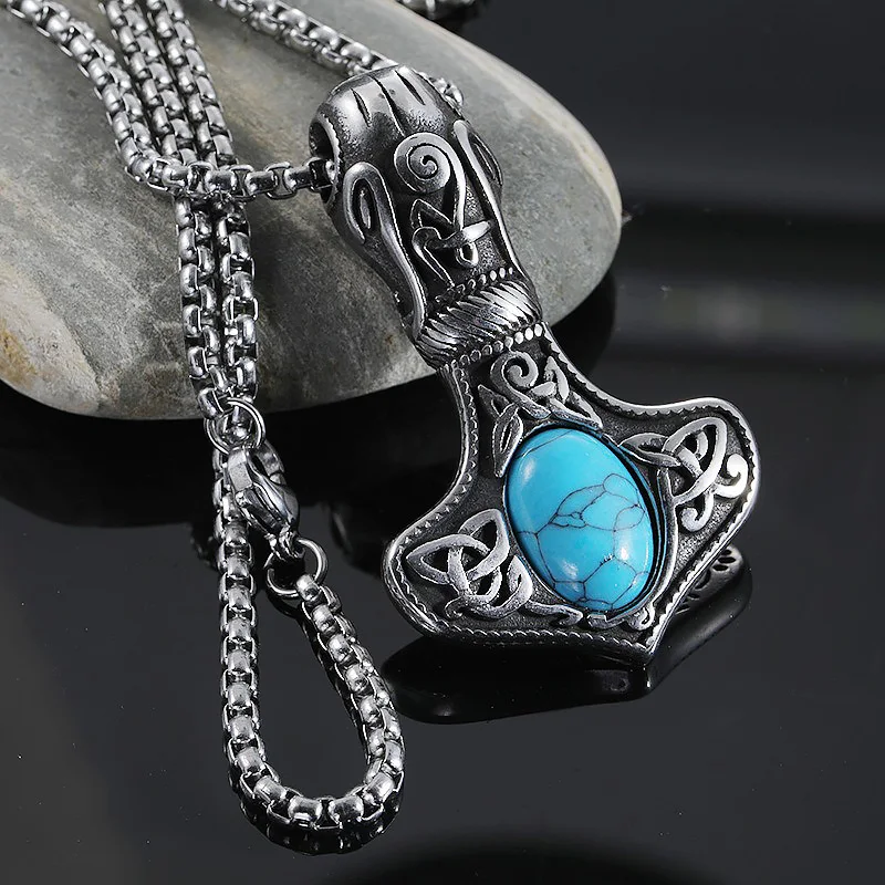 

New Fashion Turquoise Viking Necklace Vintage Stainless Steel Punk Thor's Hammer Pendant Chain for Men Boyfriend Jewelry Gift