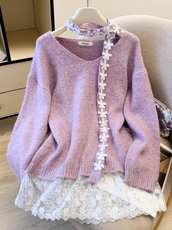 

Женский свитер с V-образным вырезом и кружевными вставками, свободный крой, осенне-зимняя новинка, модный, нежный, в стиле Lazy Pure Desire, с рукавами-колокол