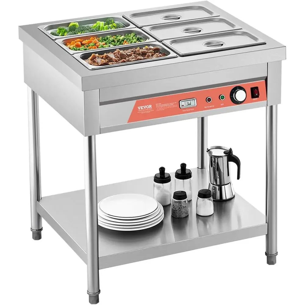 

Коммерческий подогреватель еды, электрический паровой стол 6 x 1/3 кастрюль, профессиональный подогреватель еды для шведского стола мощностью 1500 Вт с подшкой, пятно