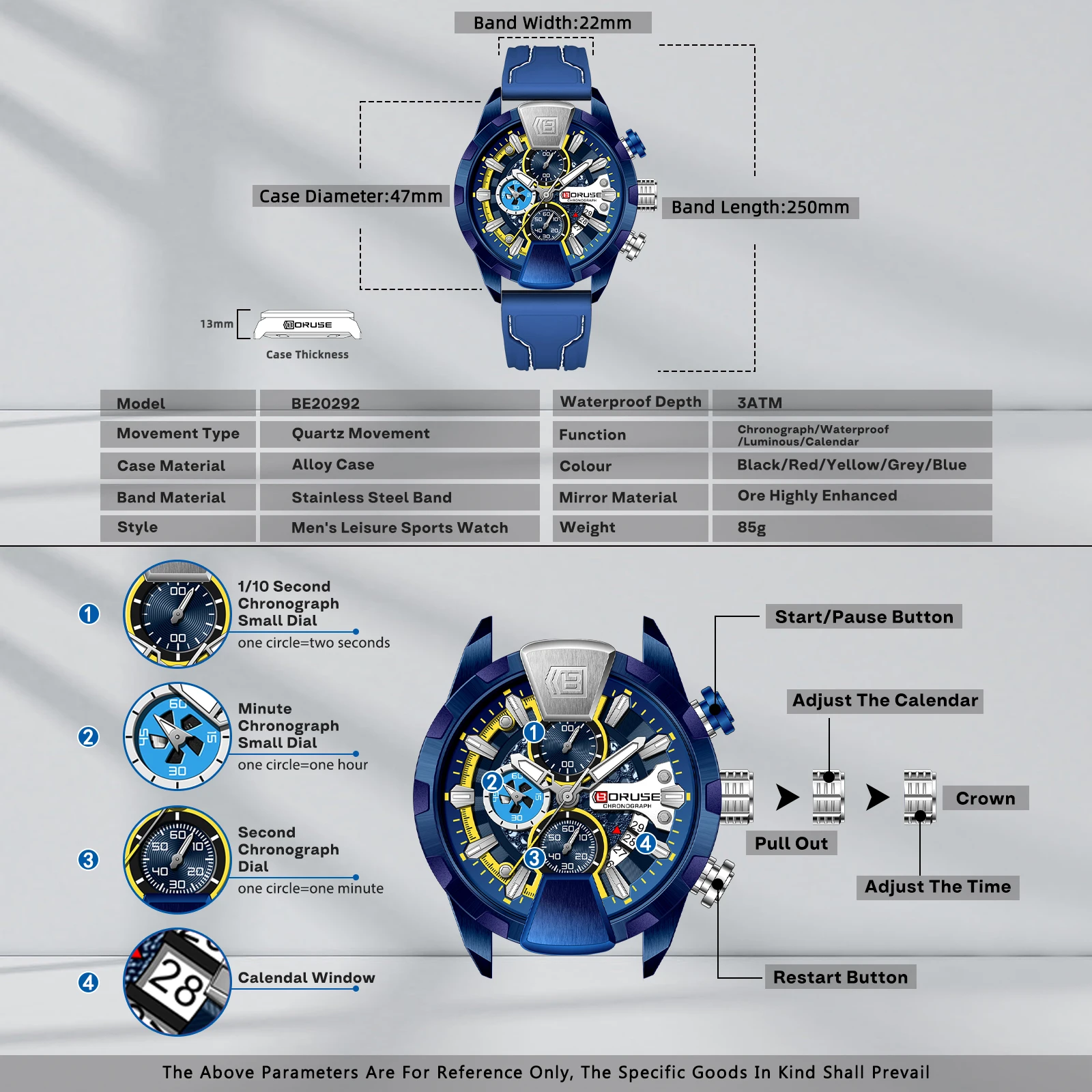 BORUSE Business Chronograph Blue Watches for Men Silicone Waterproof Quartz Wristwatch Men Watch Reloj Hombre