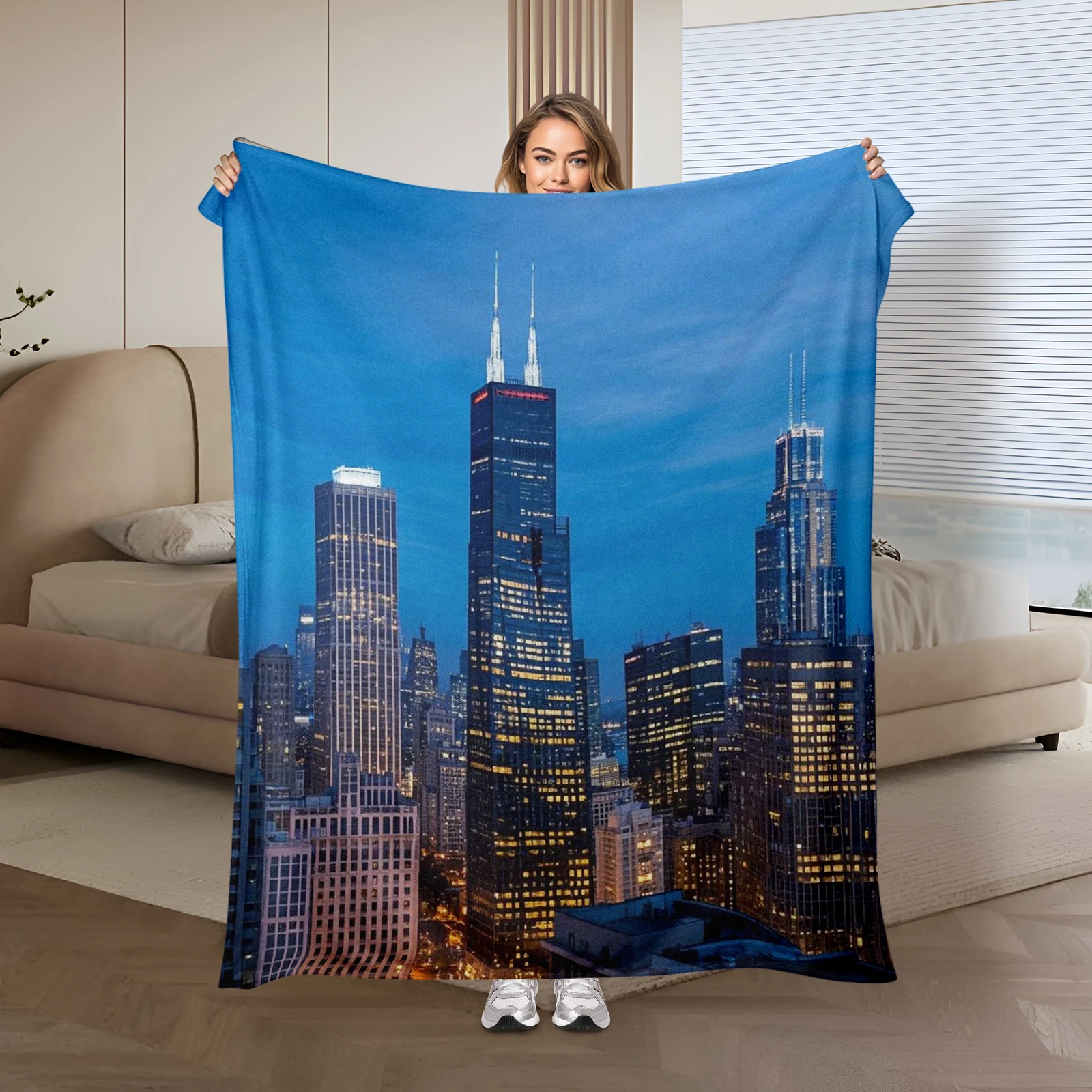 Unique Chicago Skyline Featuring Willis Tower Art Blanket Enhances Modern Flair At Home