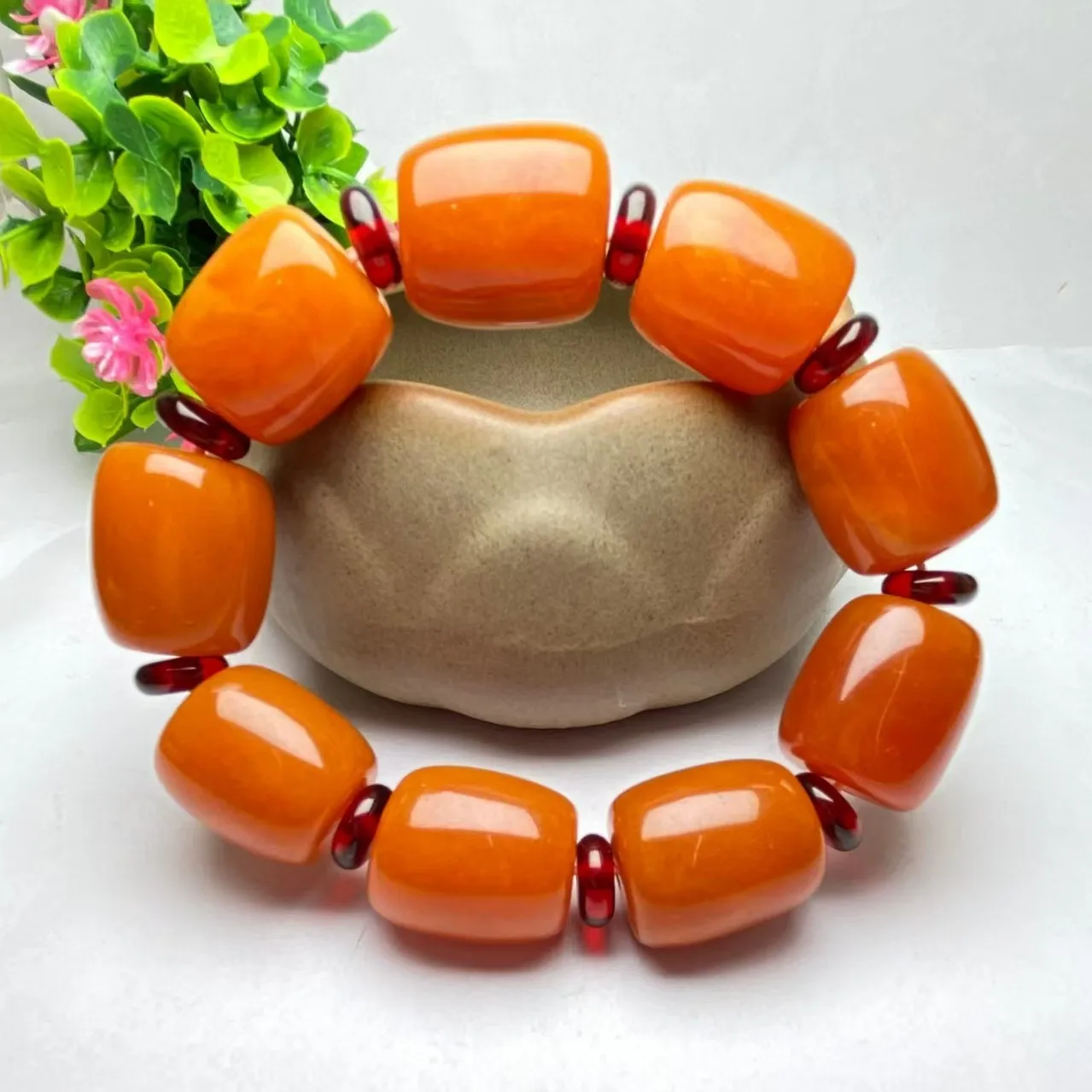 Chicken Oil Yellow Amber , Second Generation Old Beeswax Barrel Bead Bracelet for Men and Women