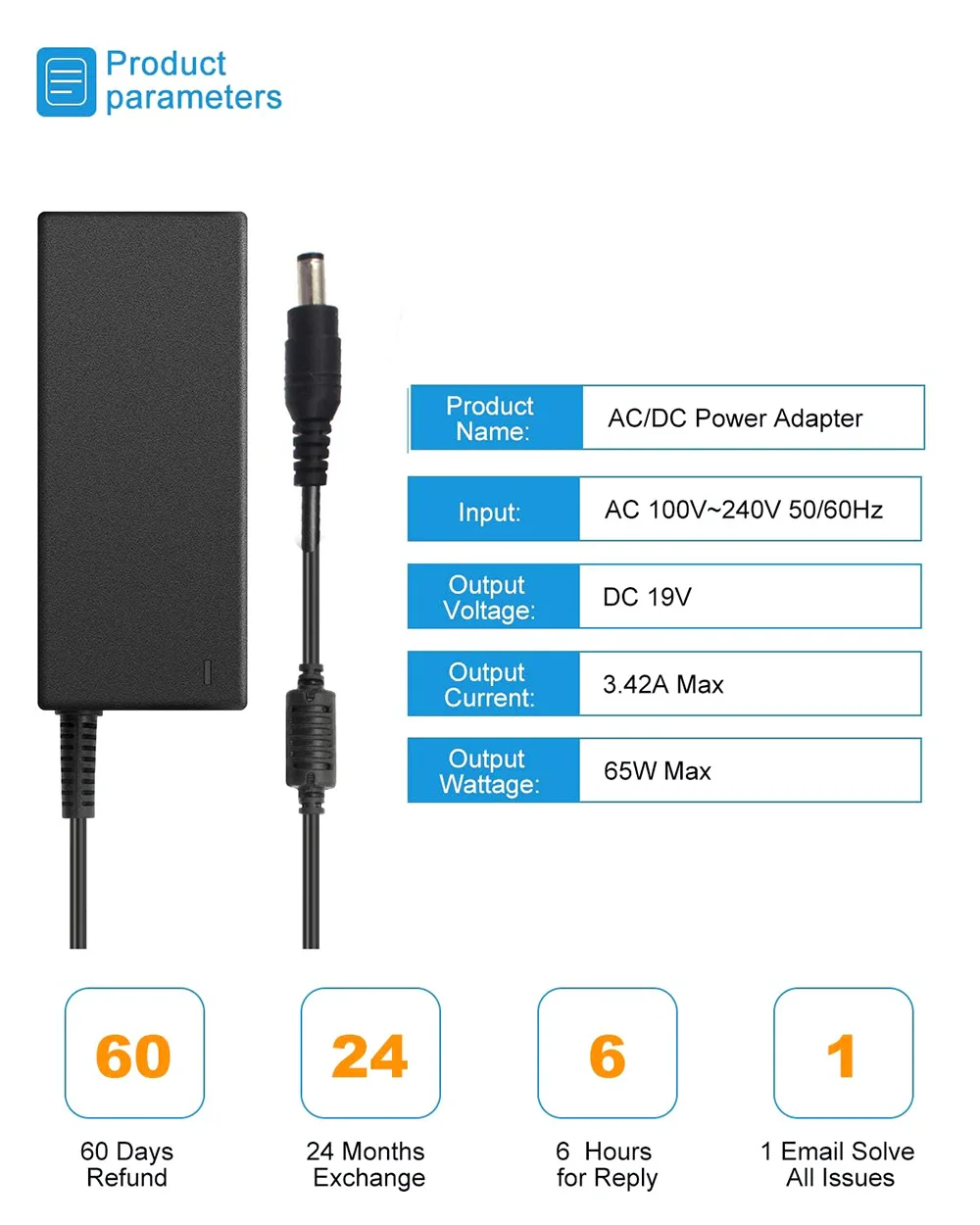 19V Power Supply Adapter 3.42A 65W AC/DC Converter Transformer 100V~240V AC Input for Monitor, Bluetooth Speaker,Audio Amplifier