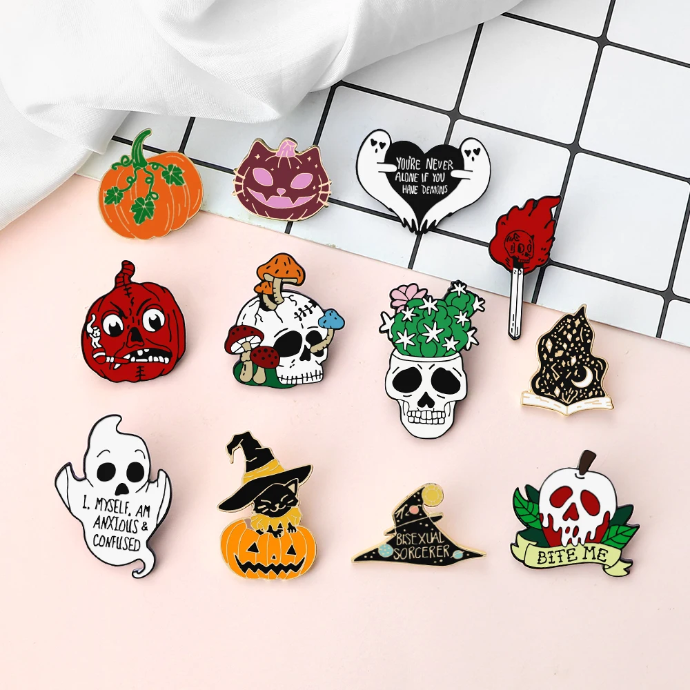 Funny Halloween Ghost Enamel Pin Punk Pumpkin Fire Gothic Skeleton Brooches Magic Witch Festival Party Gifts Lapel Badge Jewelry