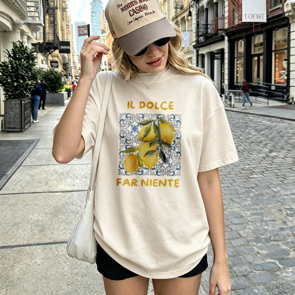 Women Il Dolce Far Niente Lemon Mediterranean Tile Print T Shirt Italian Style Crew Neck Short Sleeve Cotton Tee Holiday Tops