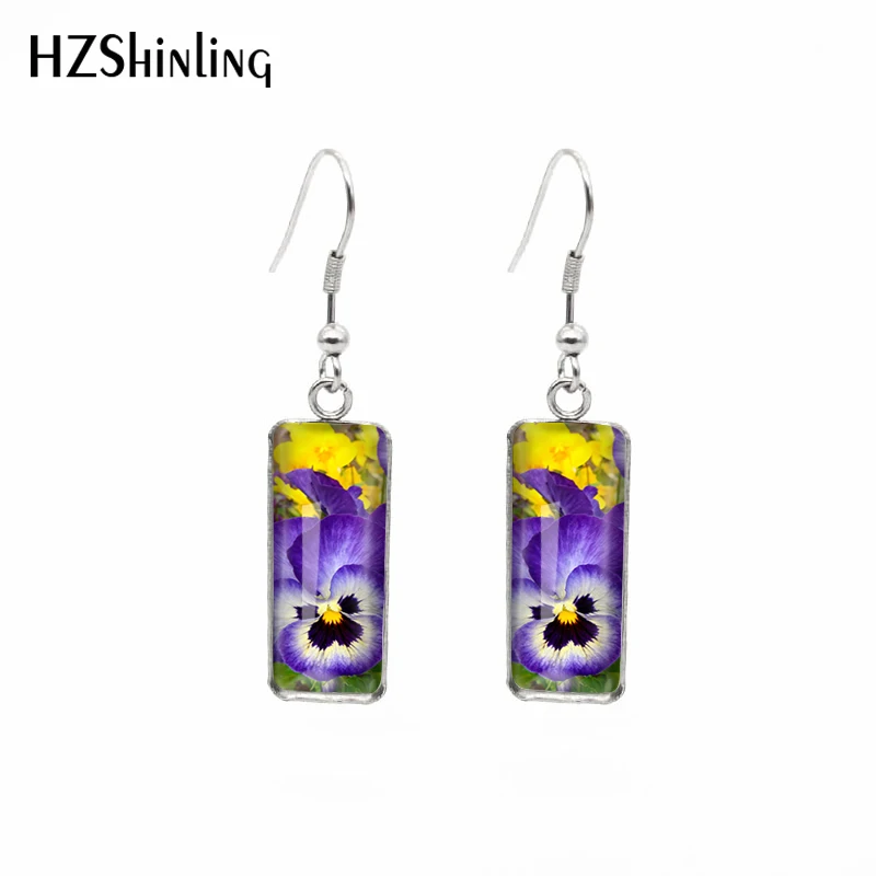 2022 Purple Pansy Flowers Patintings Rectangular Hook Earrings Glass Cabochon Dangle Drop Stainless Steel Ear Jewelry