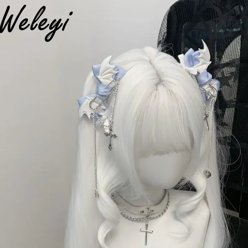 Japanese Girls Jirai Kei Mine Wings Hairpin Subcultural Women Headdress Blue Embellished Cross Pendant Hair Accessories A Pair