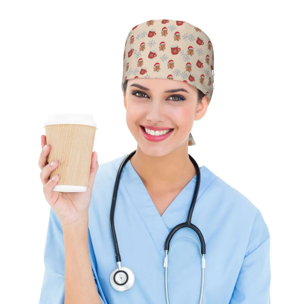 Merry Christmas Tree And Gingerbread Men Scrub Hat Doctor Working Surgical Cap Men Women Adjustable Nursing Caps for Dentist