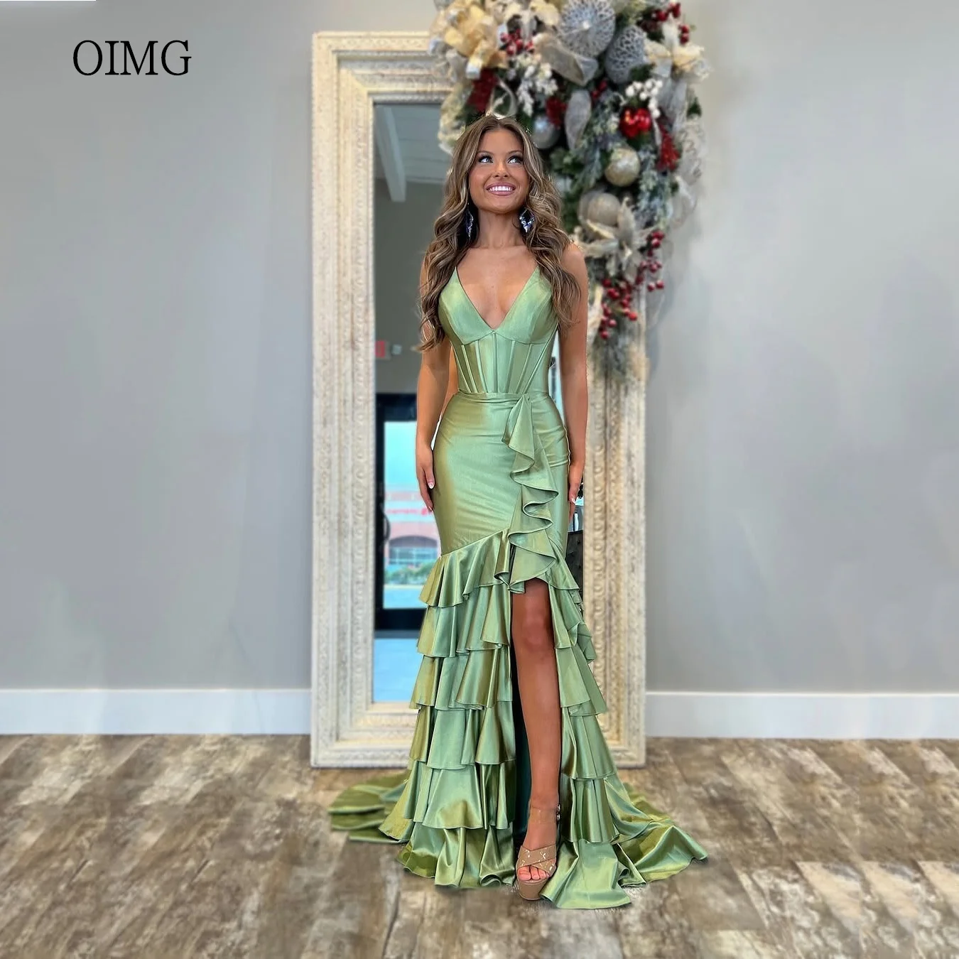 

OIMG Sexy Grass Green Mermaid Wedding Dress V Neck Bridesmaid Dresses Side Slit Floor Length Wedding Gowns Customized