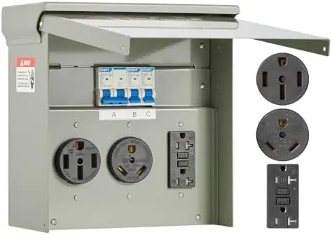 

Weatherproof RV Power Outlet Panel – 20/30/50 Amp, NEMA 14-50R, TT-30R, 20A GFCI – Prewired Breaker Box