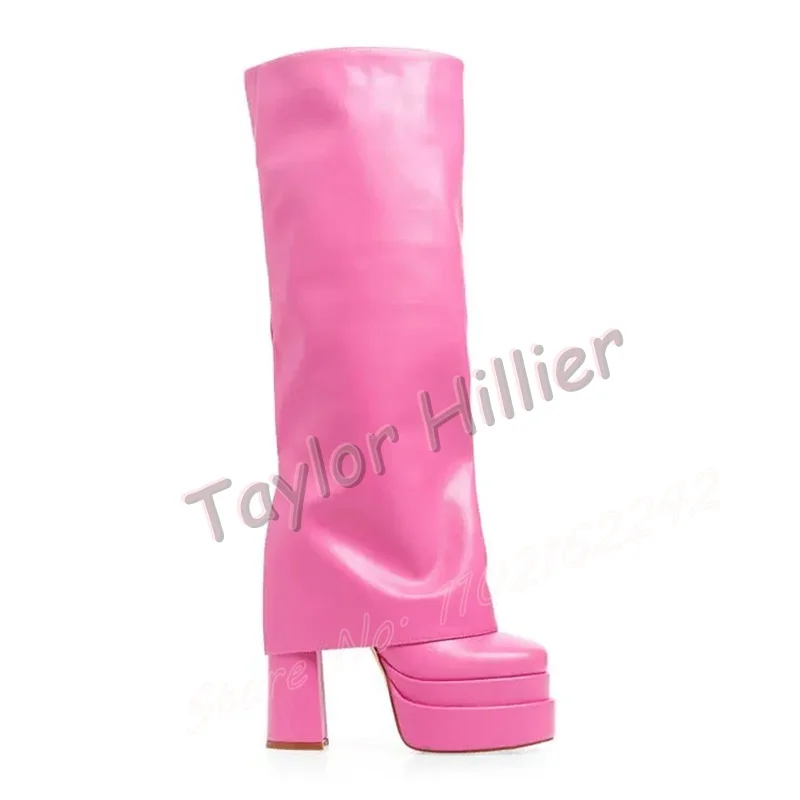 

Women'S Pink Double-Layer Knee-High Boots Square Toe Thick Heel Trendy Platform Shoes Fashion Party Lapel Winter Big Size Boots