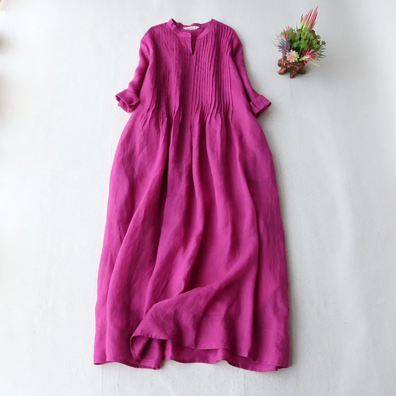 

2023 Summer New Ladies Cotton Linen Dress Fashion Women's Thin Ramie Elegant Organ Pleated Loose Flowy Short Sleeve Dress