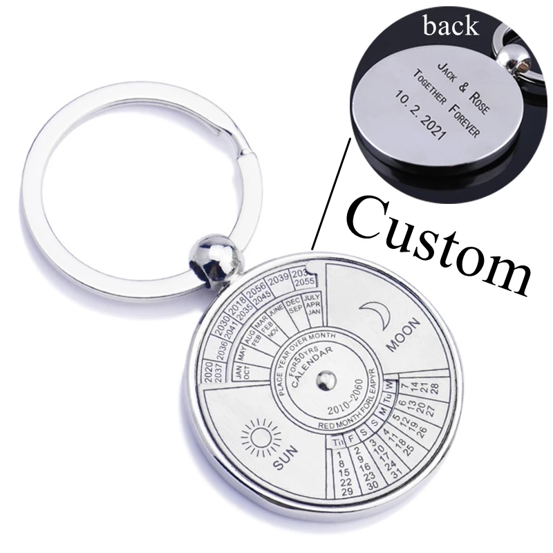 Personalized 50 Years Super Perpetual Calendar Keychain Custom Your Text on The Back of Key Chain Engraved Keyring