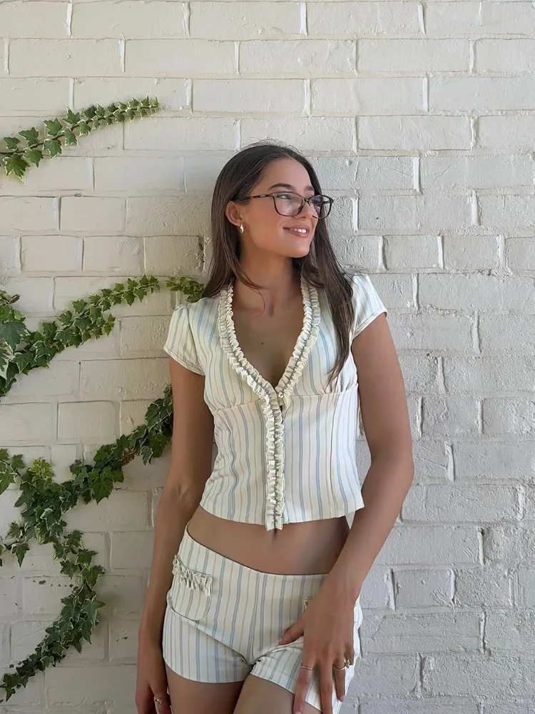 

Striped Shorts Set Women Chic Ruffled V-neck Single Breasted Short Sleeve Crop Top Suit 2026 New Lady Holiday 2-piece Outfit